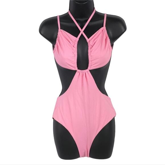WeWoreWhat Cut Out One Piece Swimsuit Baby Pink Halter Runched Cup Tie - Picture 3 of 16